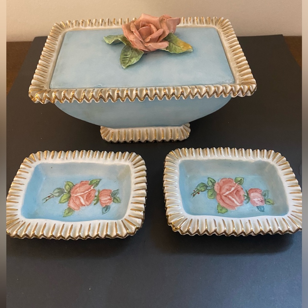 VTG Hand Painted China Trinket Box & Ring Plates Or Cigarette Holder & Ash Tray?